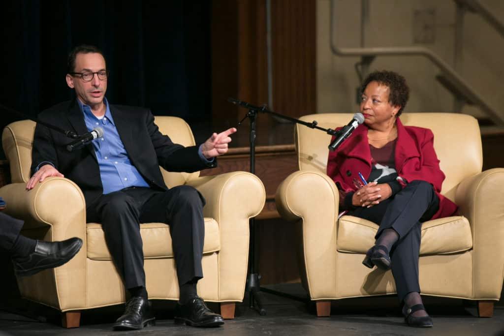 Trinity President Joanne Berger-Sweeney P’22 with author Paul Tough